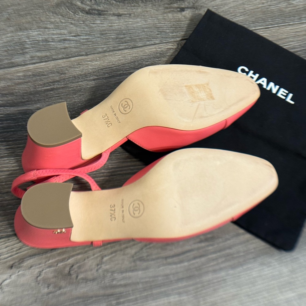 CHANEL Pink Leather Classic Slingback Heels - Size 37.5 C - Picture 8 of 10
